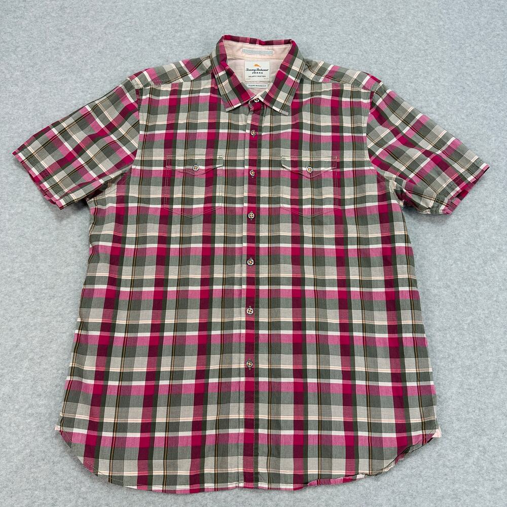 Tommy Bahama Shirt Mens L Pink Green Cream Plaid Island Modern Fit Short Sleeves